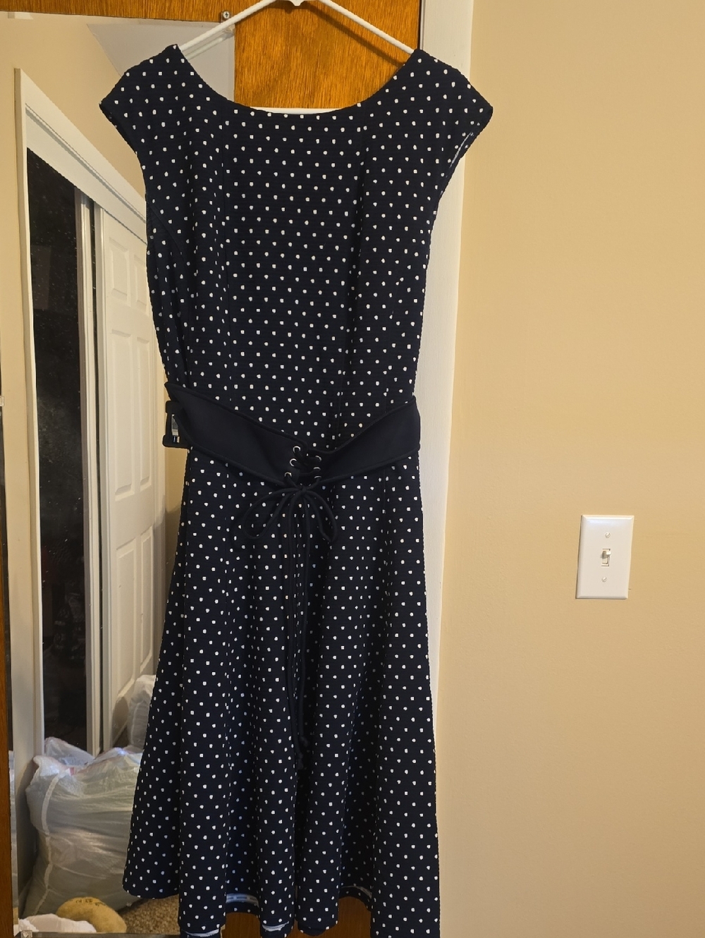 Danny & Nicole Navy Polka Dot Midi Dress with Waist Tie